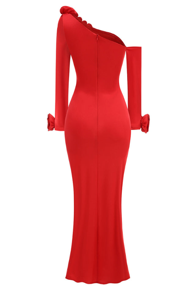 Slanted Shoulder Ruched Rose Flowers Dress | Dress In Beauty