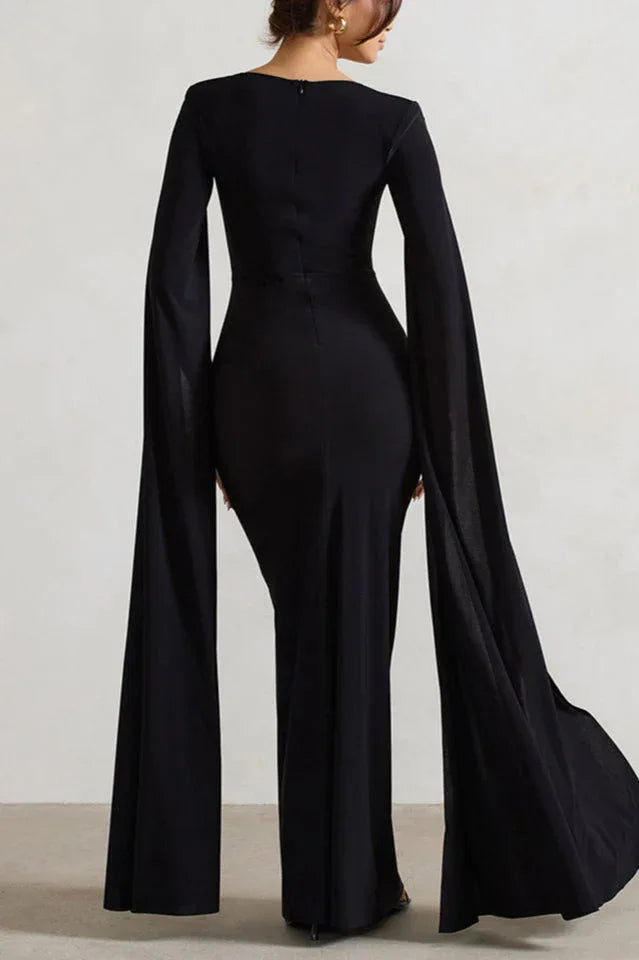 Maroon maxi dress with cape sleeves and sweetheart neckline - View 8 | TEVQA