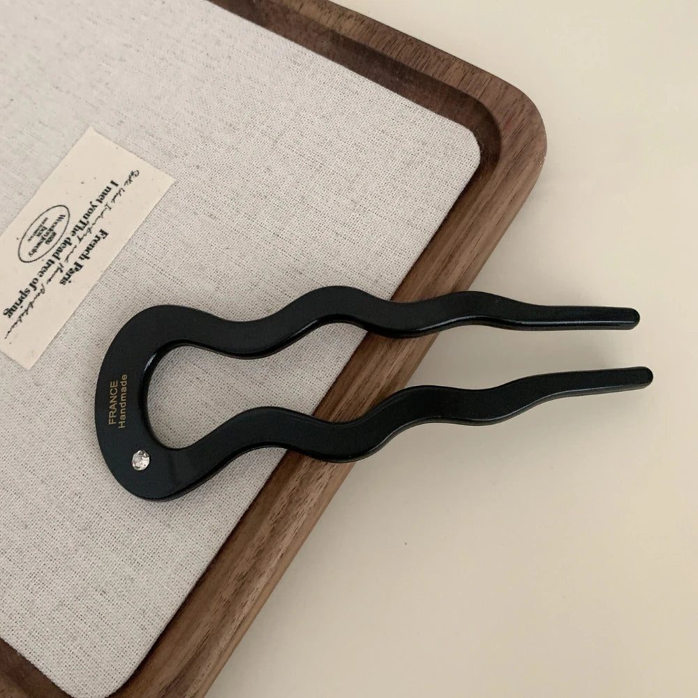 Acetate French Hair Pin with Crystal - 4.9" U-Shaped Chignon Pin