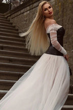 White mesh patchwork ballgown formal dress with off-the-shoulder neckline and long sheer sleeves - View 9 | TEVQA
