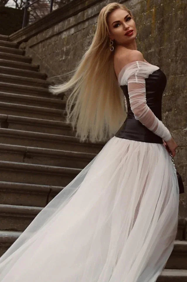White mesh patchwork ballgown formal dress with off-the-shoulder neckline and long sheer sleeves - View 9 | TEVQA