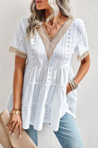 White Eyelet Embroidery V-Neck Blouse - TEVQA