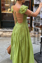 Smocked Midi Dress with Puff Sleeves - View 7 | TEVQA