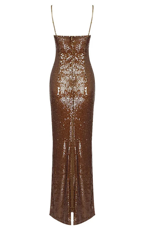 Lorelei Brown Sequin Maxi Dress with Floral Detail - View 26 | TEVQA