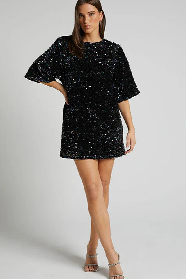 Velour Sequins Mini Dress - TEVQA