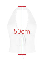 White halter top with lace trim and tie front, with a measurement indicator of 50cm.