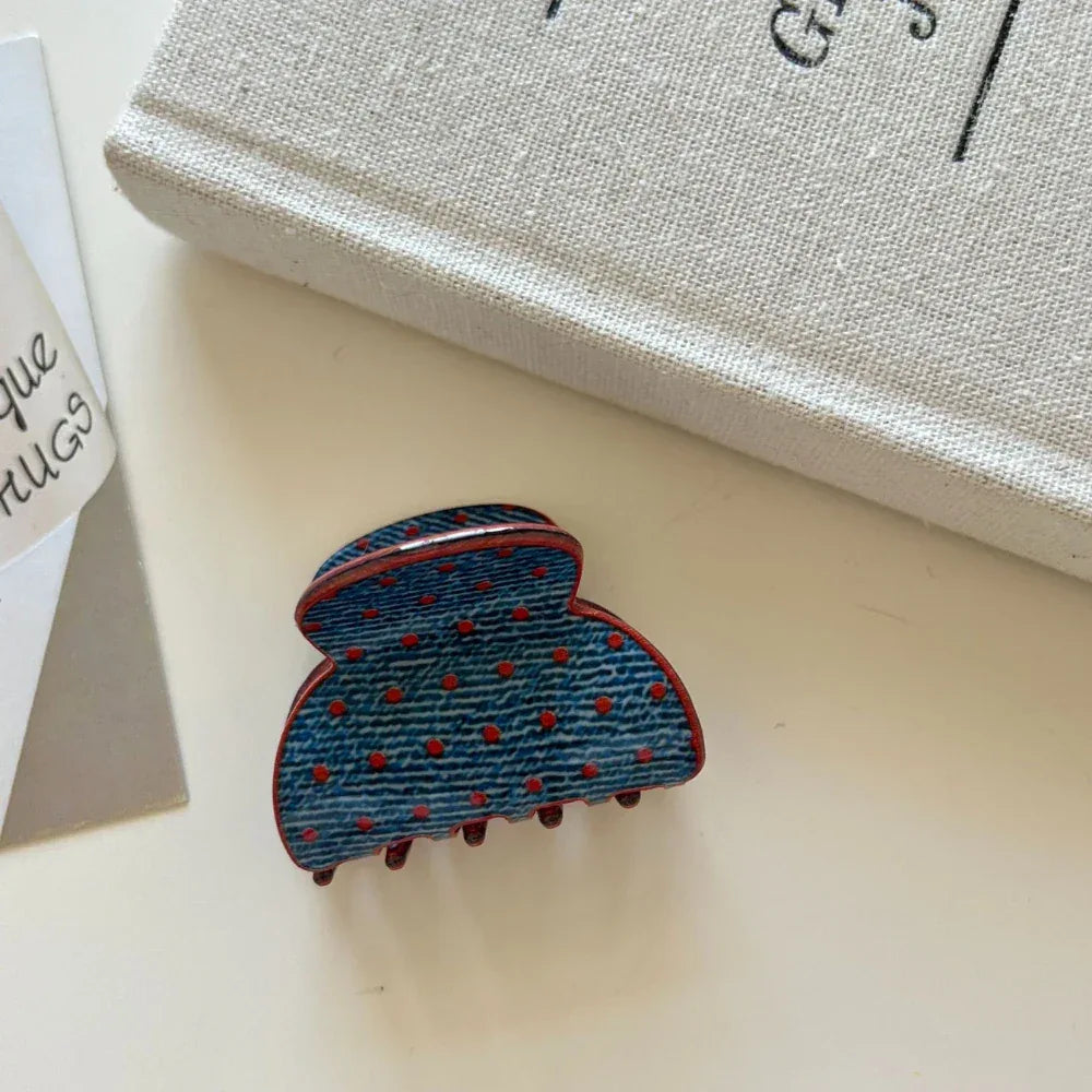 Retro Denim and Red Polka Dot Hair Clip - View 7 | TEVQA