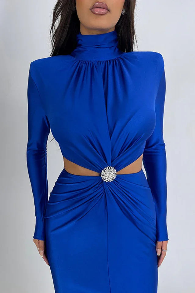 Elegant green satin dress with turtleneck and ruched front - View 10 | TEVQA