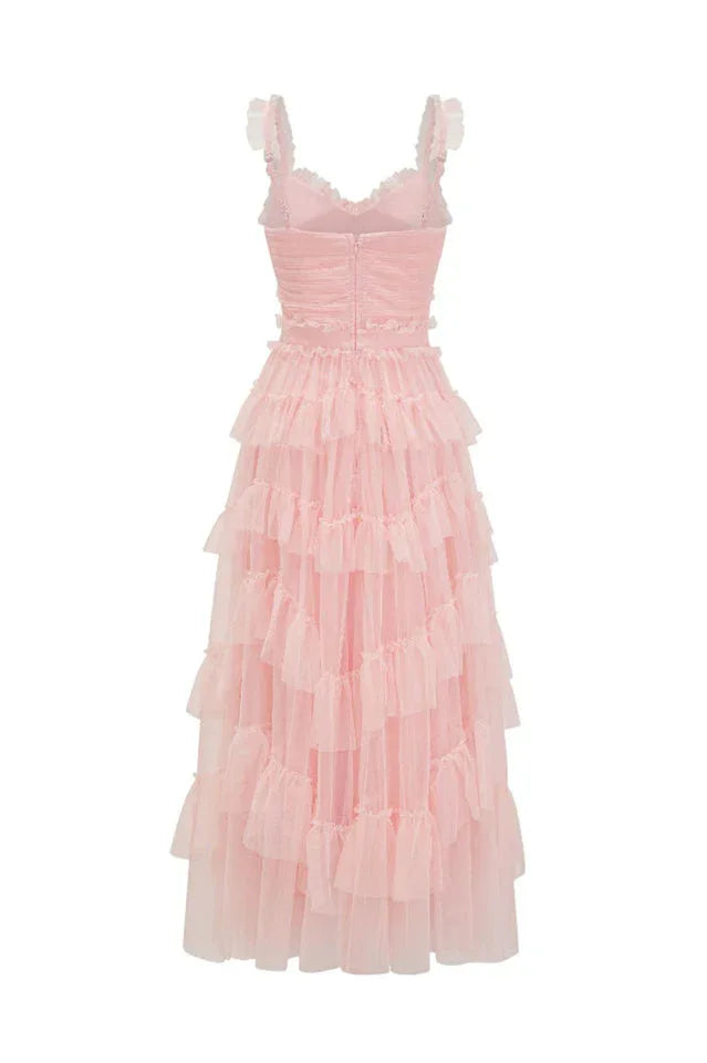 Tiered Tulle V-Neck Evening Dress in Mistyrose - View 18 | TEVQA