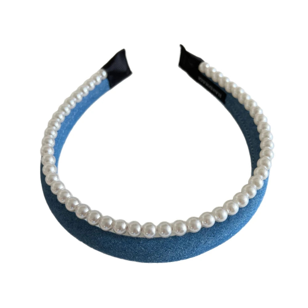 Classic Pearl Denim Headband - Preppy Hair Band
