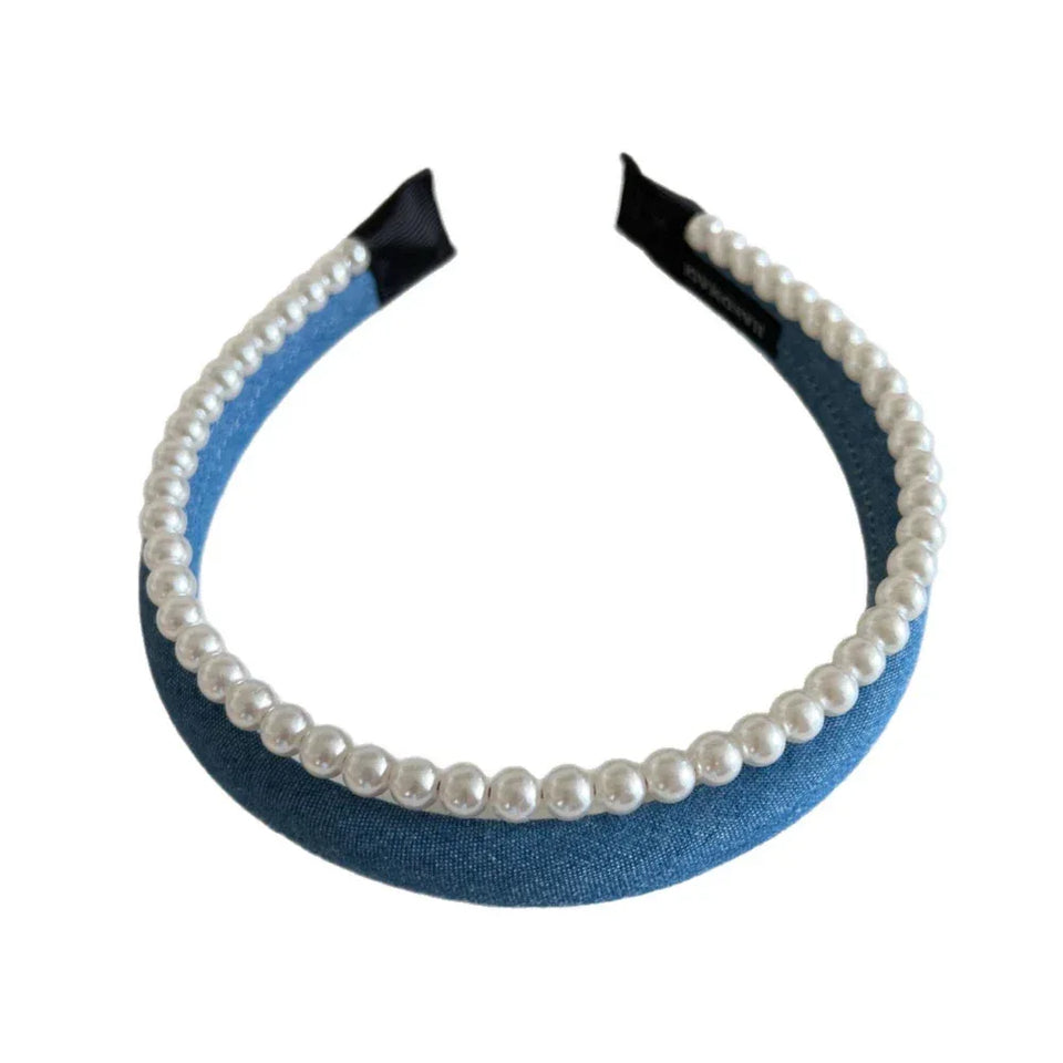 Blue denim headband with pearl trim Main image