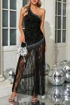 Full-length view of a black sequined one-shoulder gown with lace details