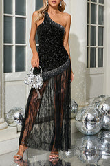 One Shoulder Shiny Sequin Lace Dress | Dress In Beauty