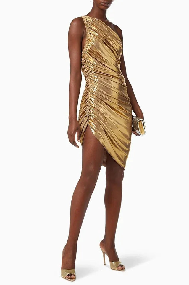 Metallic knit one-shoulder dress with ruched detailing - View 6 | TEVQA