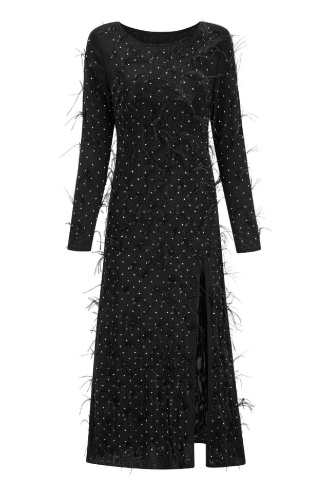 Rhinestone Faux Feather Trim Split Maxi Dress | Dress In Beauty