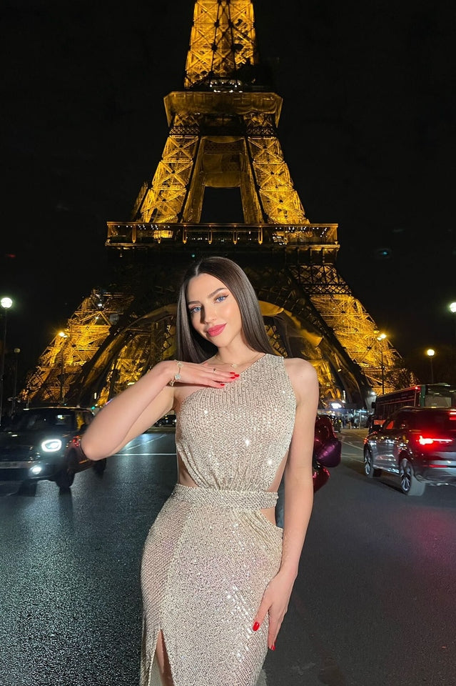 One Shoulder Sequins Cut Out Split Maxi Dress | Dress In Beauty