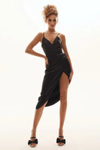 Wrap V Neck High Slit Draped Slip Midi Dress - TEVQA