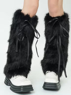 Faux fur leg warmers with satin ribbon ties - View 12 | TEVQA