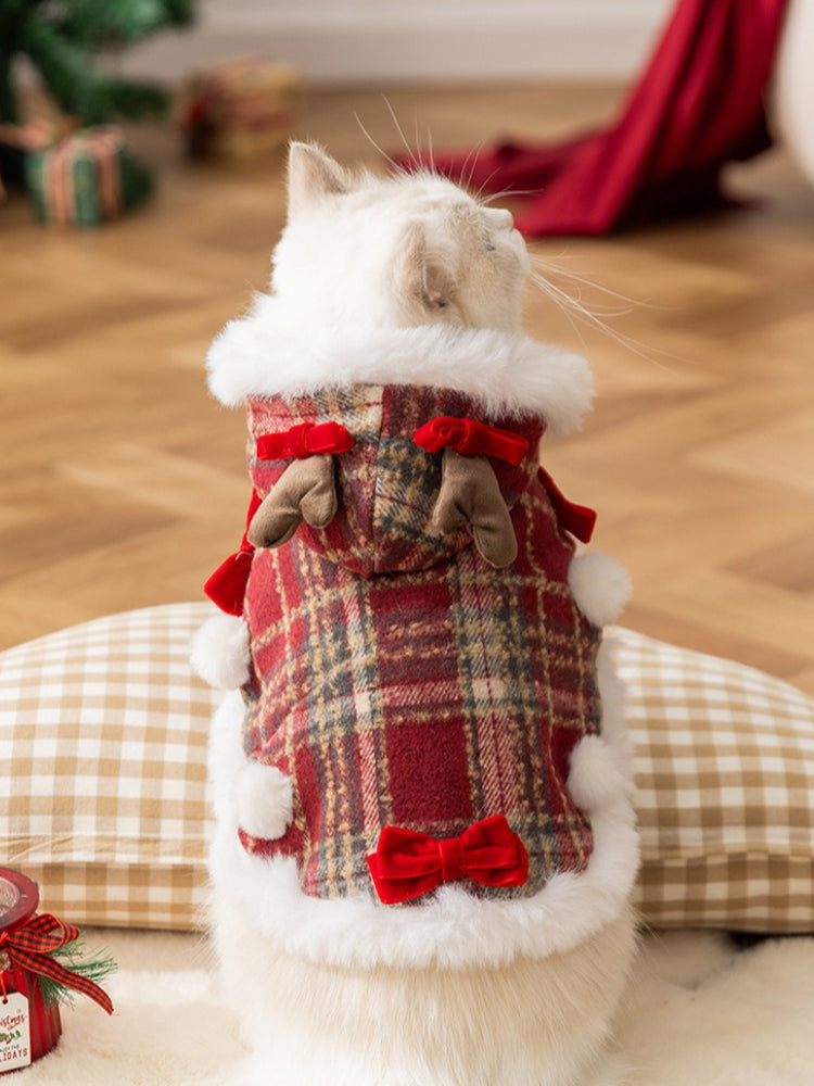 Rear view of a white cat in a Christmas-themed cape with reindeer antlers and red bows.