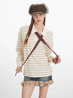 Vintage Cream Striped Rhinestone Polo Shirt - TEVQA