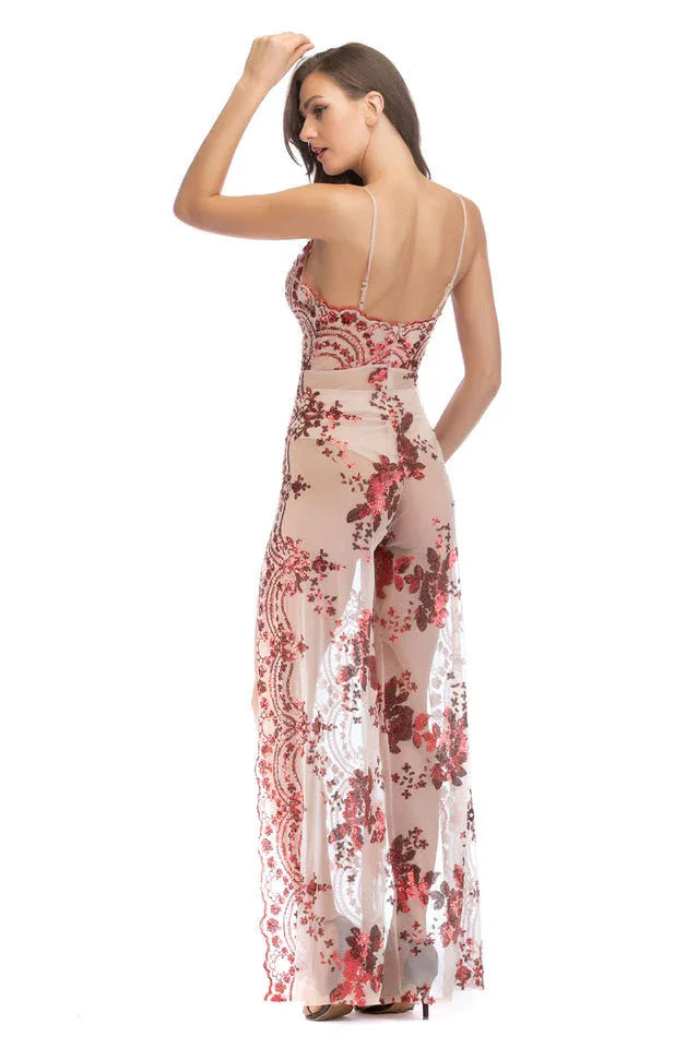 Sequined lace maxi dress with high slit - View 8 | TEVQA