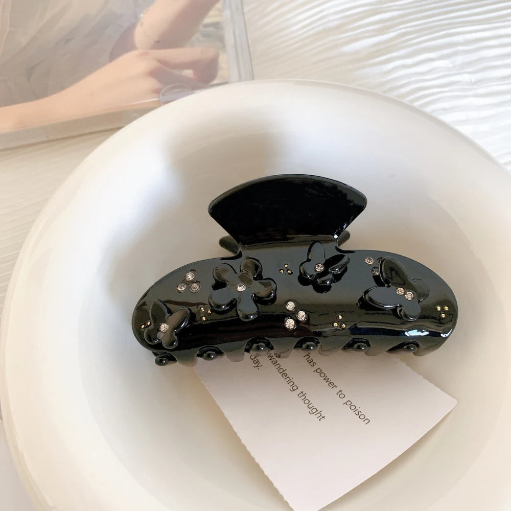 3D Floral Acetate Hair Claw Clip with Rhinestones (3.2 Inch)