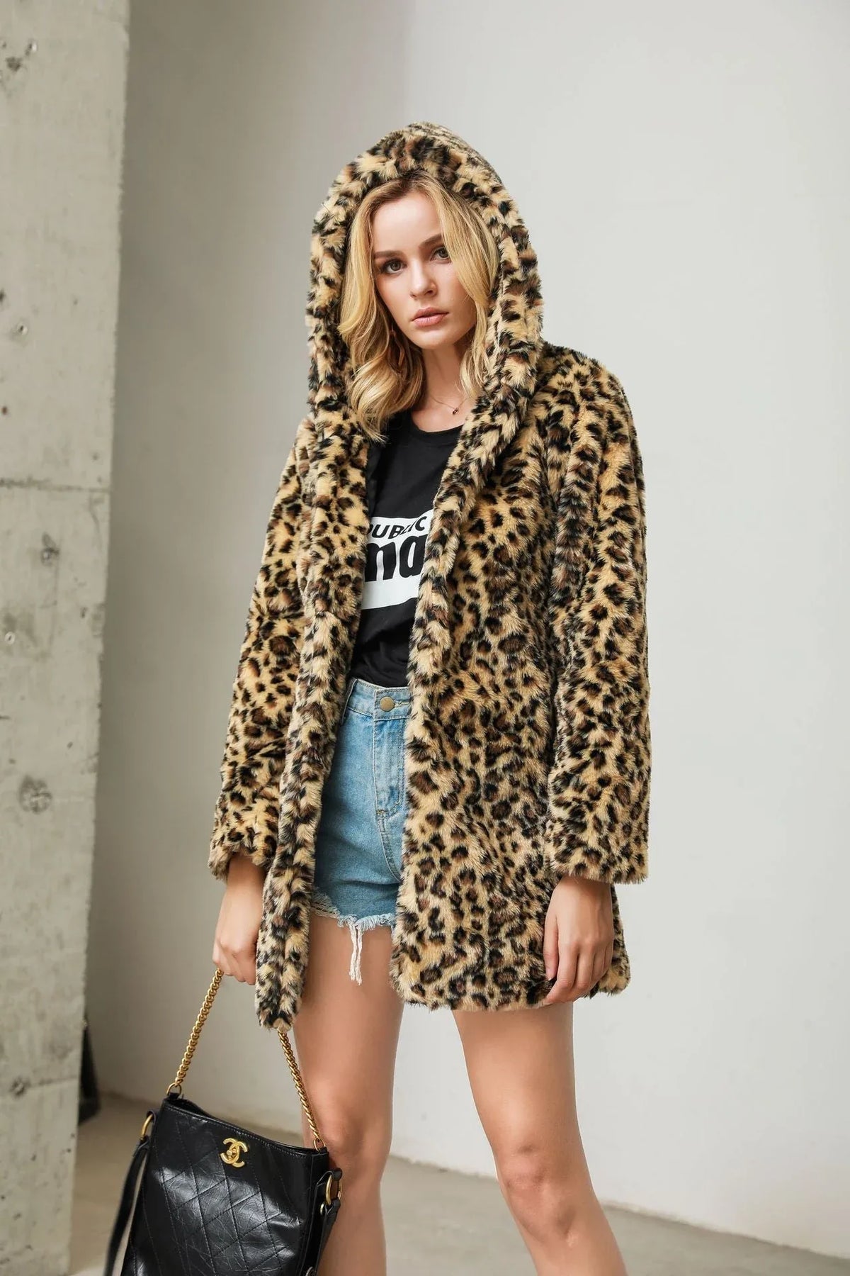 Wild Instinct Hooded Leopard Faux Fur Coat - TEVQA Main image