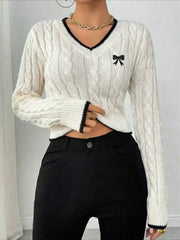 Parisian Charm Bow Embroidered Cable Knit Sweater - View 6 | TEVQA