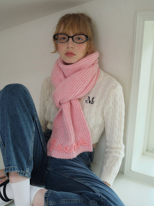Soft Wool Blend Knitted Scarf with 3D Crochet Lettering
