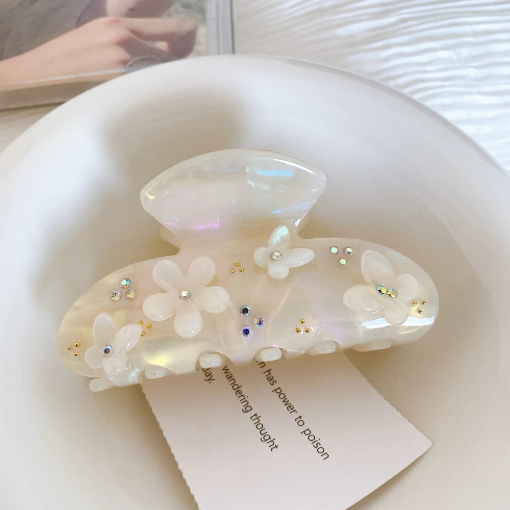 3D Floral Acetate Hair Claw Clip with Rhinestones (3.2 Inch)