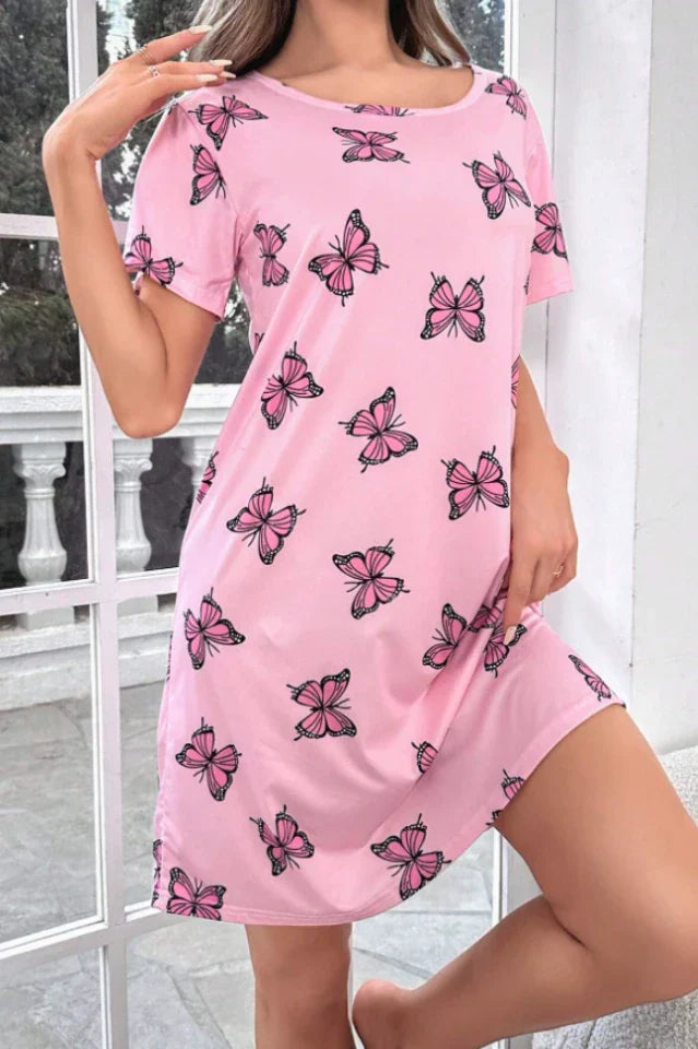Pink Butterfly Print Sleep Shirt, Short Sleeve Crew Neck Nightgown - Cute Loungewear