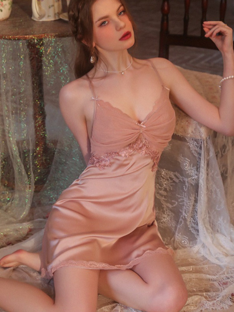 Vintage Cream | Twist-Front Lace & Mesh Satin Robe Set