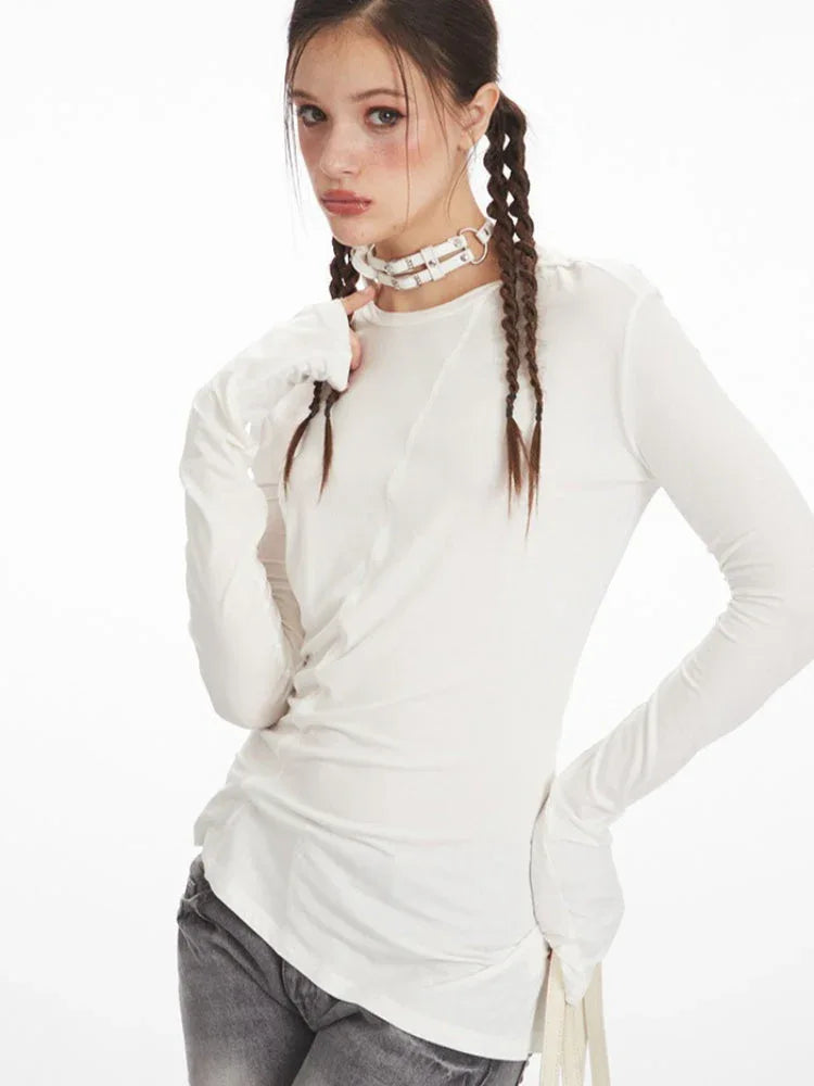 White Irregular Exposed Seam Long Sleeve Top - TEVQA