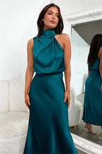 Satin Halter Neck Midi Dress - View 34 | TEVQA