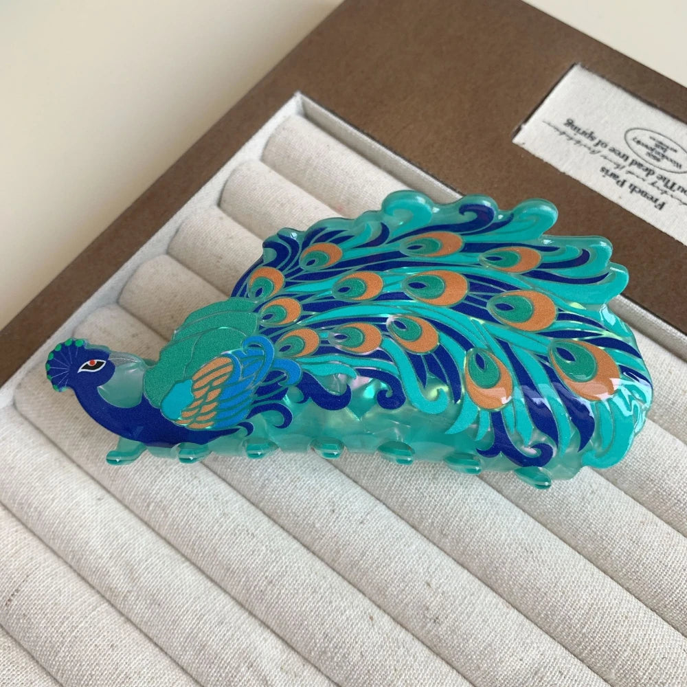 Extra Large Ornate Peacock Hair Claw for Thick Hair (5 Inch)