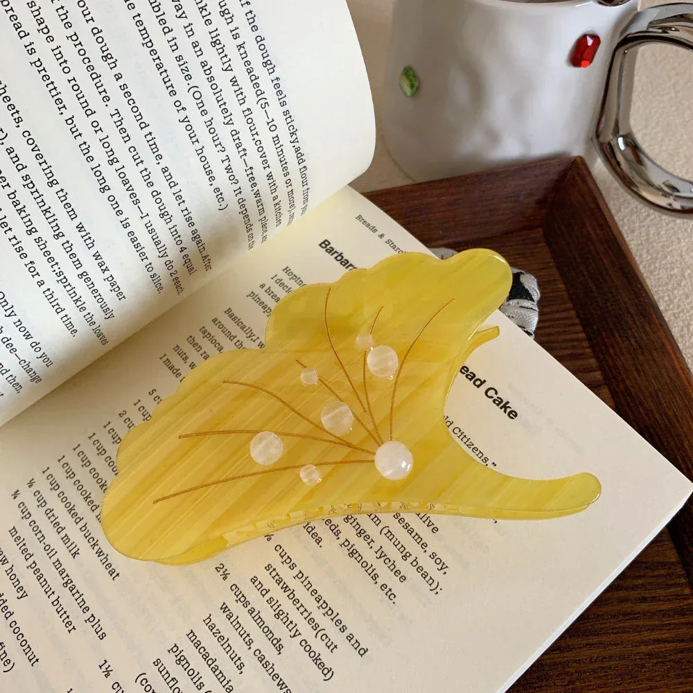 Golden Ginkgo Leaf Acetate Hair Claw Clip with Pearl Dewdrops - View 6 | TEVQA