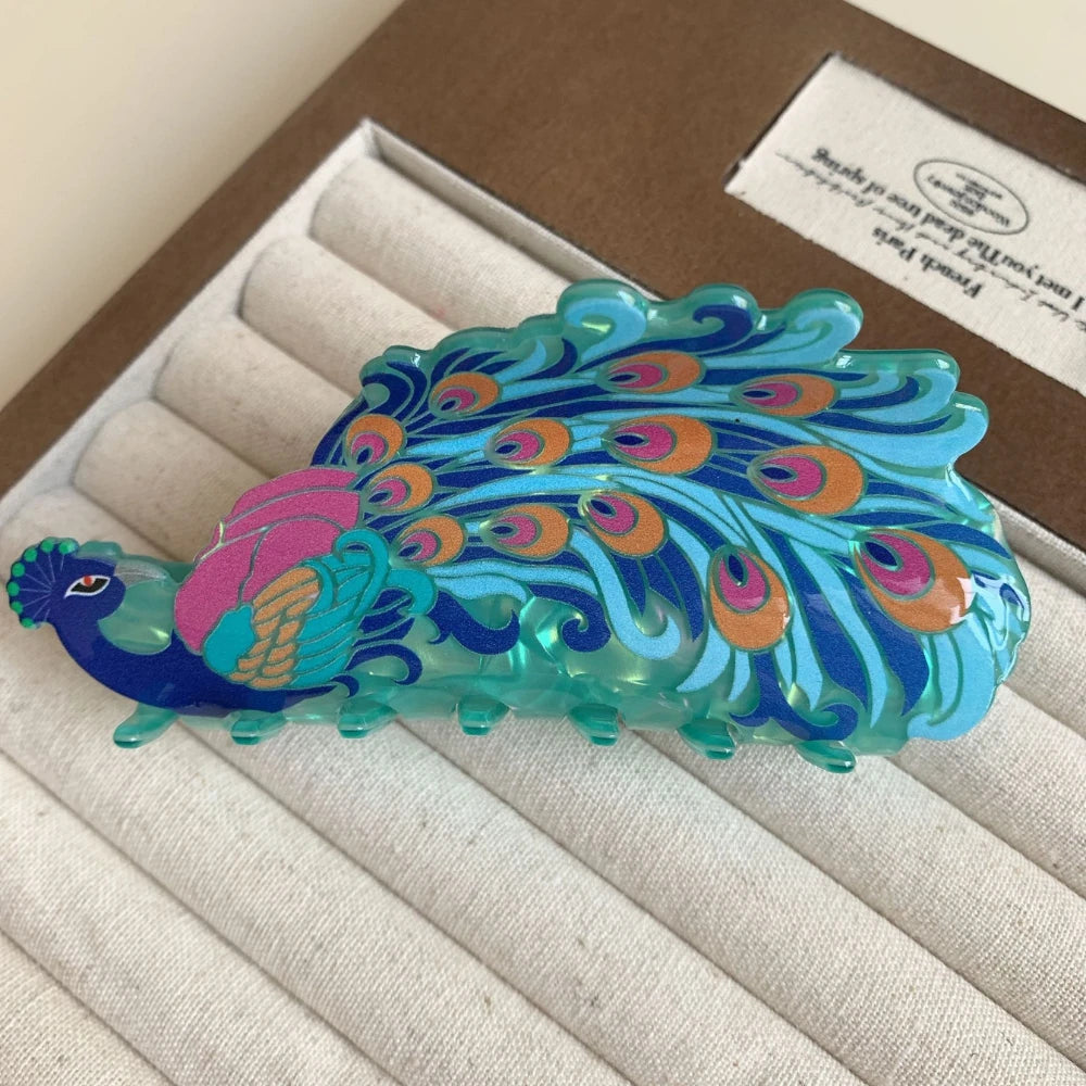 Extra Large Ornate Peacock Hair Claw for Thick Hair (5 Inch)