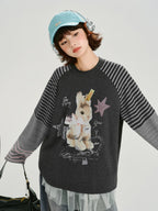 Vintage Graphic Striped Raglan Long Sleeve Tee - Charcoal