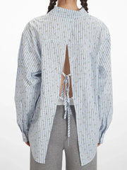 Striped floral open back shirt - View 6 | TEVQA