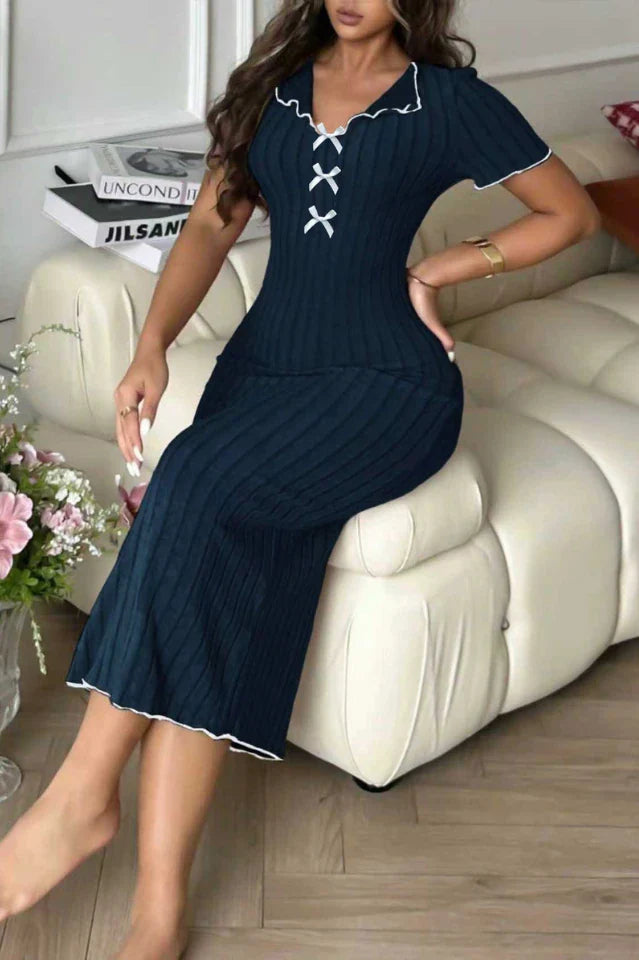 Navy Blue Ribbed Knit Maxi Nightgown with Contrast Lettuce Trim & Bows - Soft Loungewear