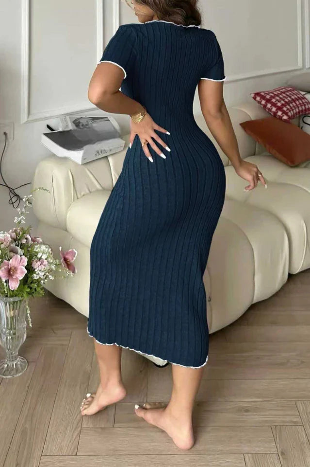 Navy Blue Ribbed Knit Maxi Nightgown with Contrast Lettuce Trim & Bows - Soft Loungewear