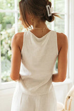 Linen blend wide leg set with V-neck top and side slit trousers - View 8 | TEVQA