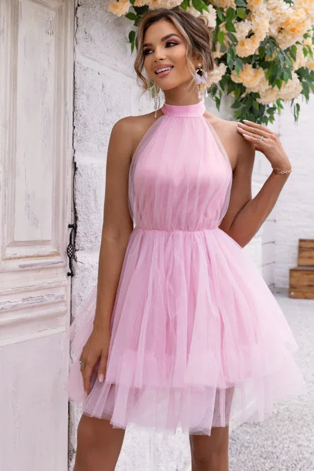 Halter Neck Tiered Tulle Party Dress - View 12 | TEVQA