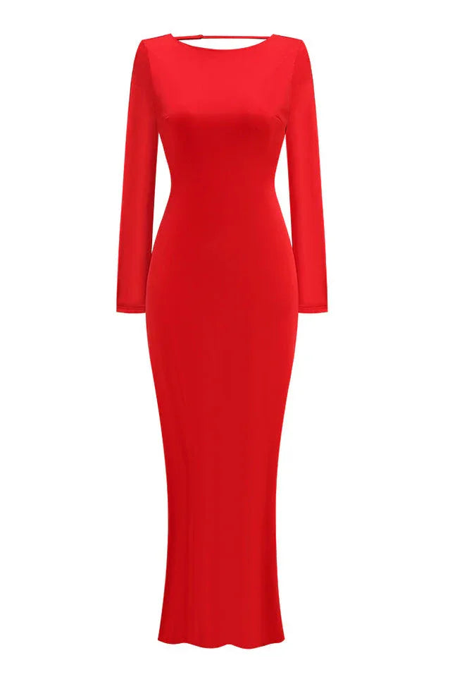 Full front view of a red long sleeve sheath gown
