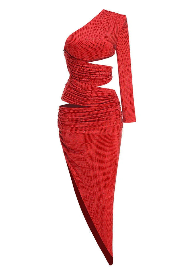 Product shot of a red one-shoulder sparkly dress with cut-outs and an asymmetrical hem.