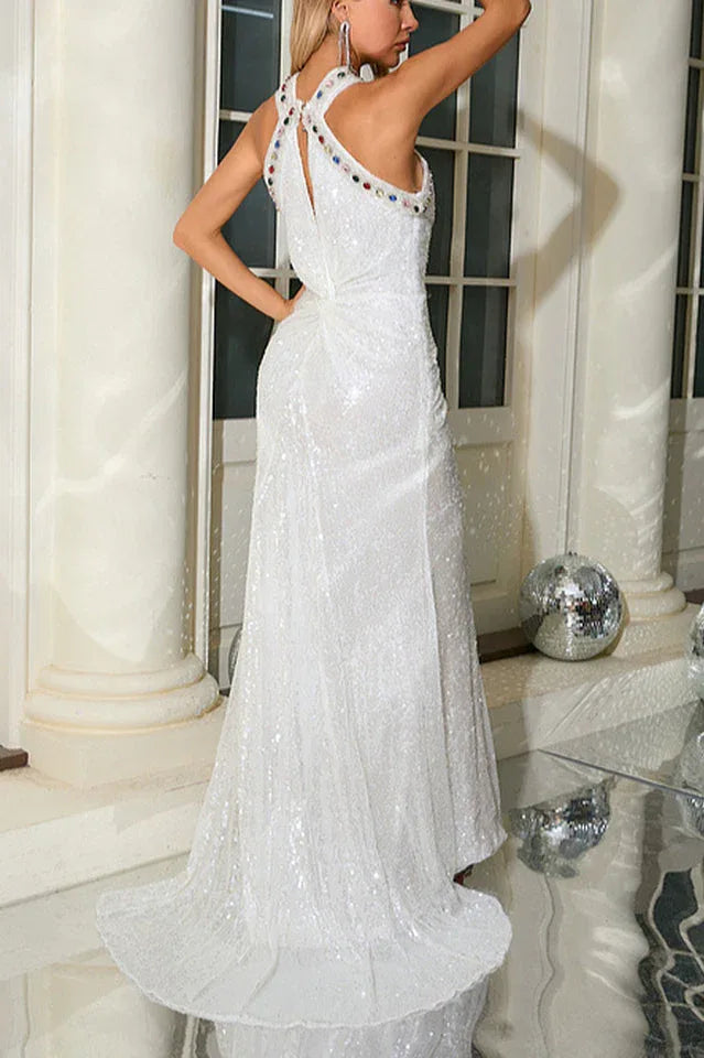 White sequin maxi dress with halter neckline - View 6 | TEVQA