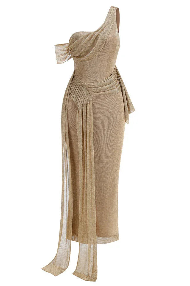 Gold Draped Metallic Maxi Dress - TEVQA