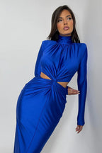 Elegant green satin dress with turtleneck and ruched front - View 9 | TEVQA