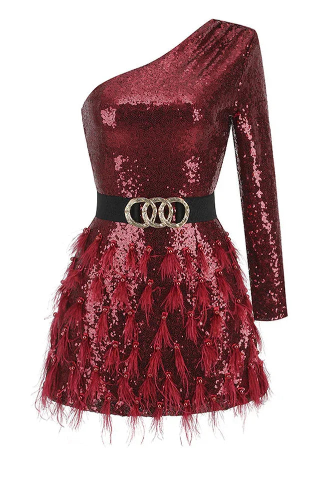 Daria One Shoulder Sequin Feather Dress - View 10 | TEVQA