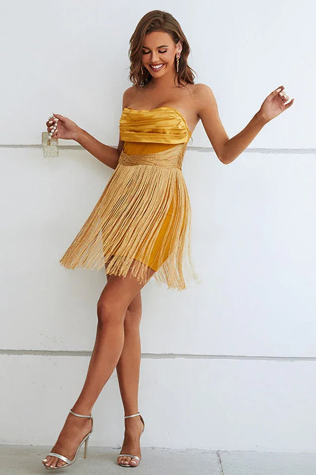Yellow Ruffles Silk Tassel Trim Dress - TEVQA